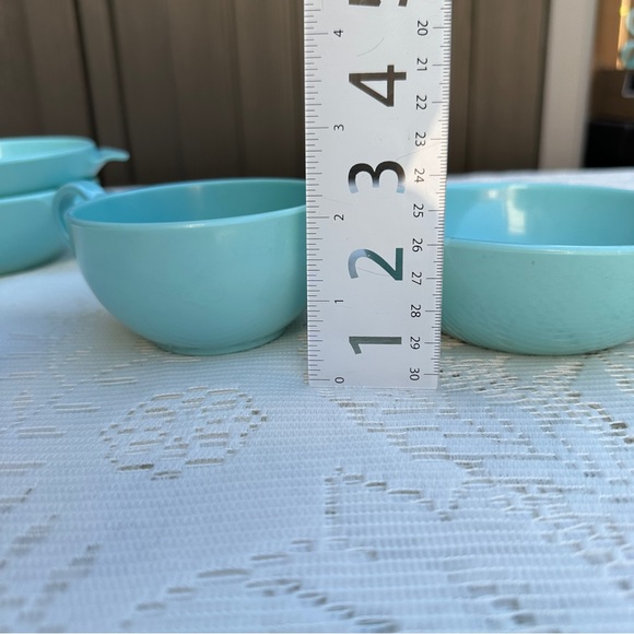 Vintage Aqua Melmac/Melamine Teacups & Small Bowls , Retro Dishes,  Set of 4 - Picture 3 of 6